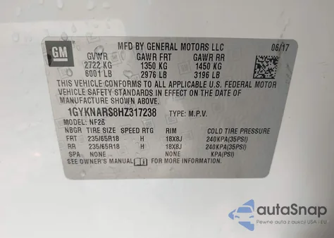 2017 Cadillac Xt5 Standard z USA, uszkodzony, nr VIN 1GYKNARS8HZ317238